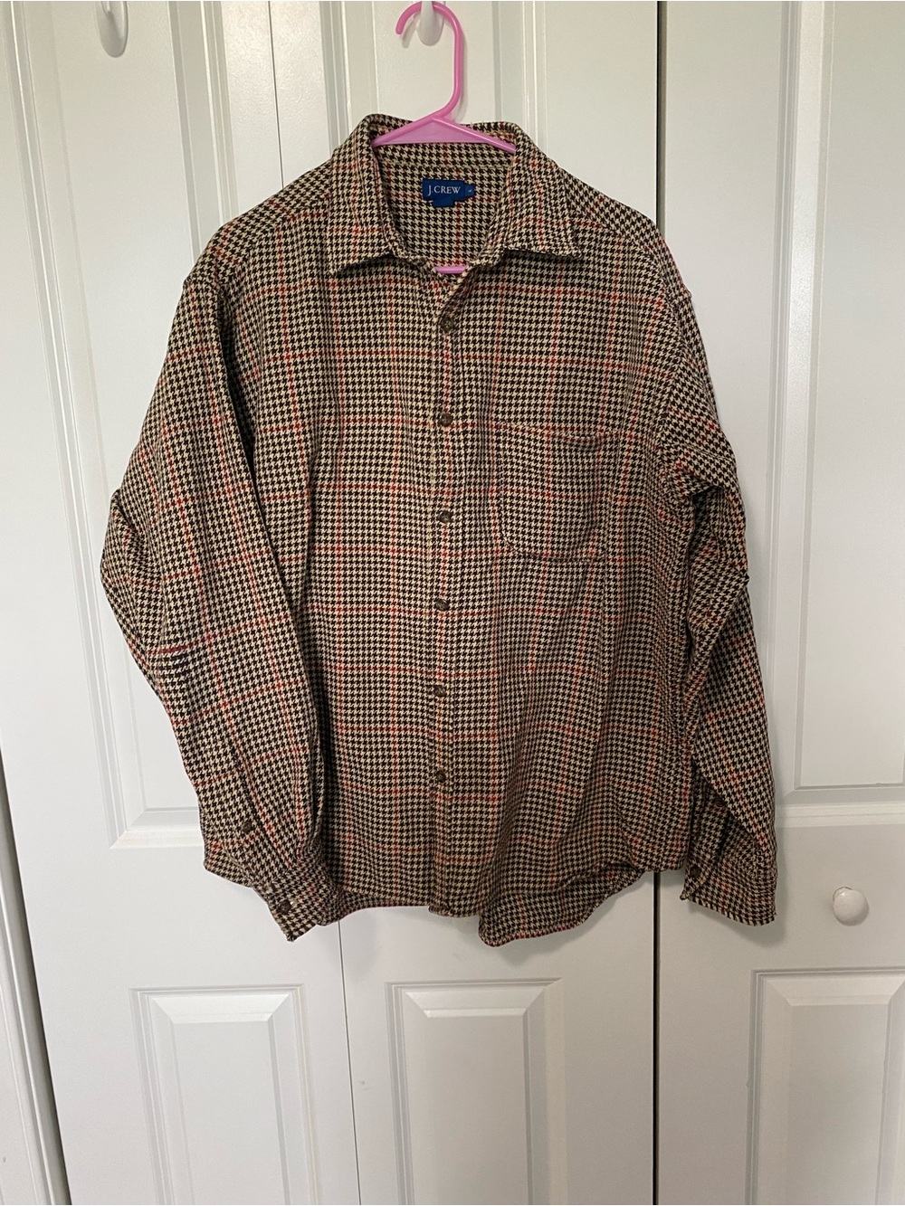 Vintage J. Crew Men's Brown and Tan Houndstooth Heavy Button-Down Shacket/Shirt - Picture 1 of 5